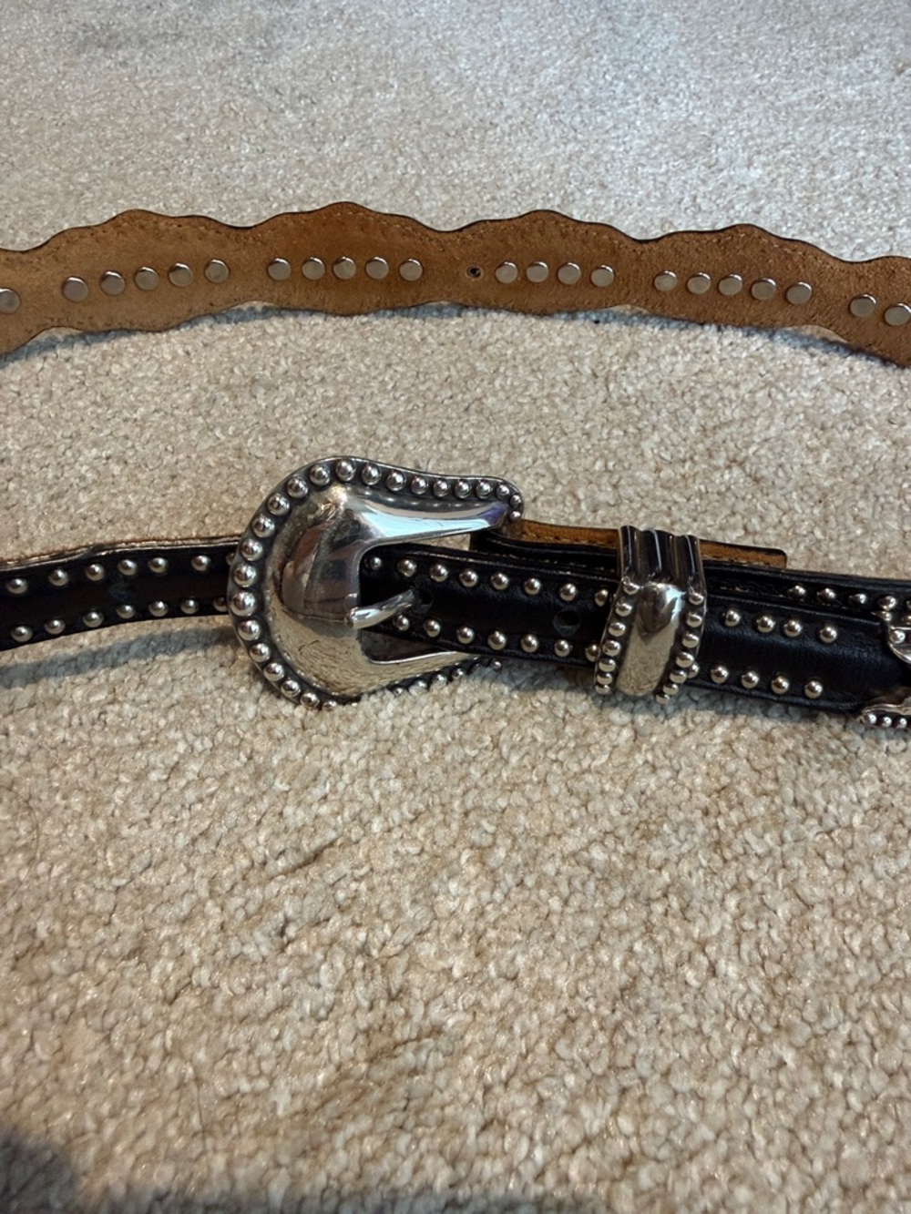 Studded Western-Style Belt with Silver Buckle - Black